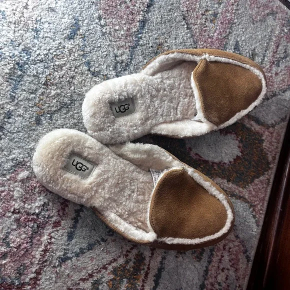 UGG Lane Chestnut Suede Shearling Sheepskin Loafer Mules Womens 9 Brown EUC - Picture 5 of 8